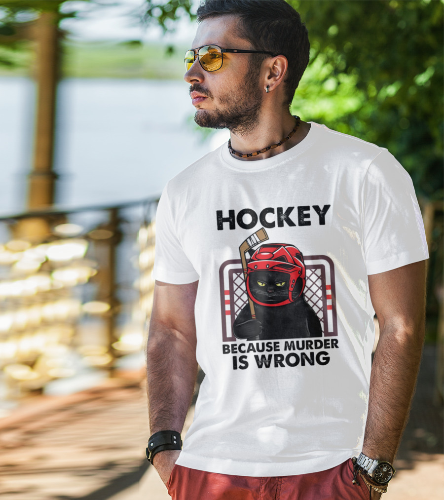 Hockey Cat In Red Helmet Because Murder Is Wrong T-Shirt