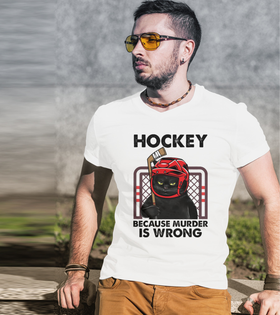 Hockey Cat In Red Helmet Because Murder Is Wrong T-Shirt