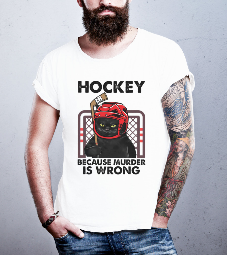 Hockey Cat In Red Helmet Because Murder Is Wrong T-Shirt