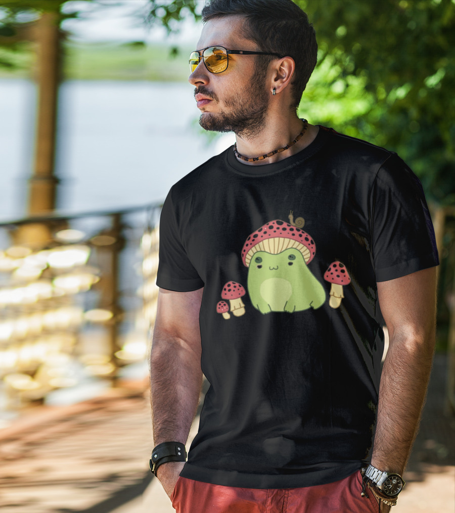Kawaii Frog Wearing Mushroom Hat With Snail And Red Mushrooms T-Shirt