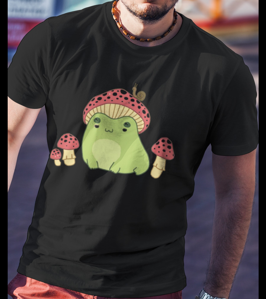 Kawaii Frog Wearing Mushroom Hat With Snail And Red Mushrooms T-Shirt