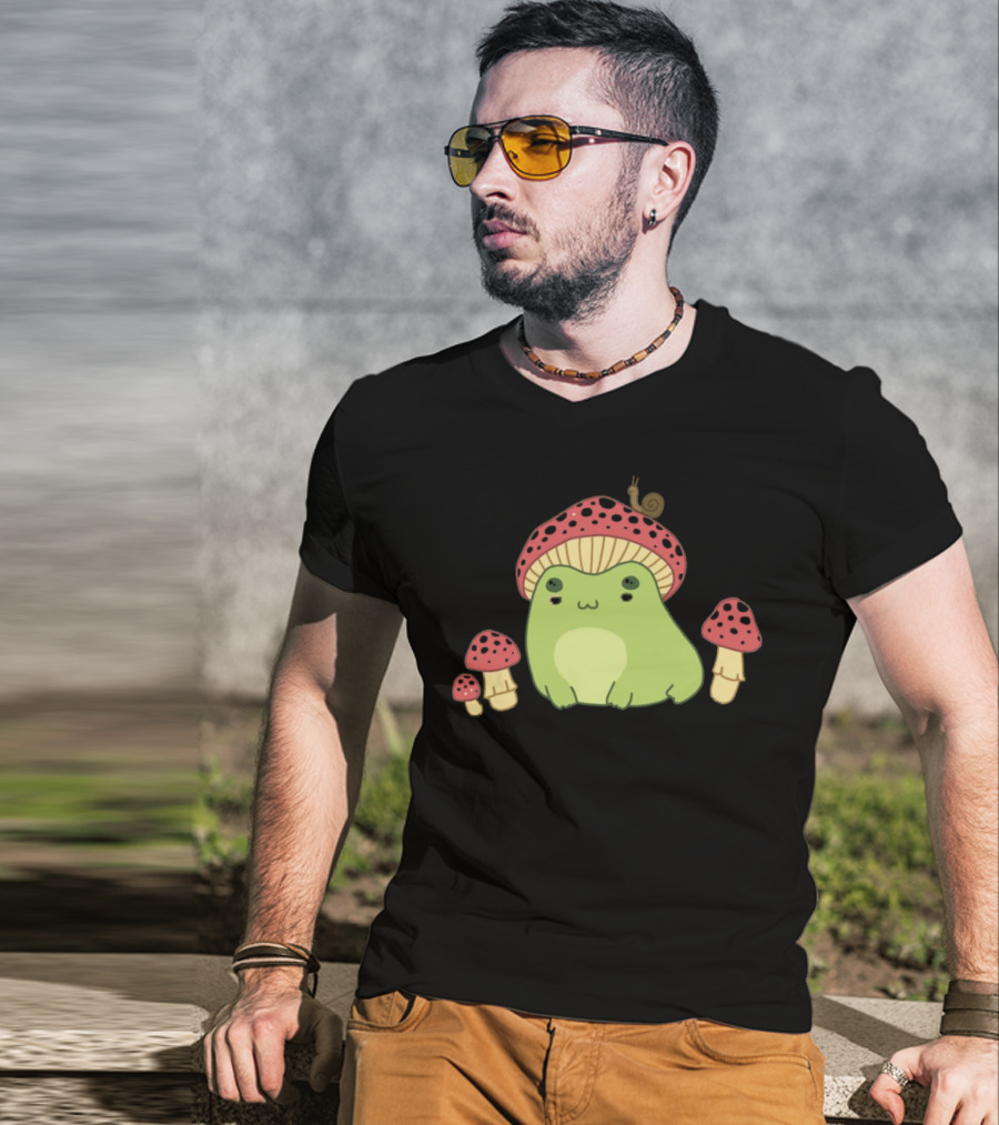 Kawaii Frog Wearing Mushroom Hat With Snail And Red Mushrooms T-Shirt