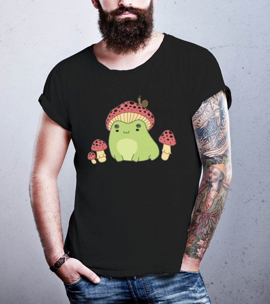 Kawaii Frog Wearing Mushroom Hat With Snail And Red Mushrooms T-Shirt