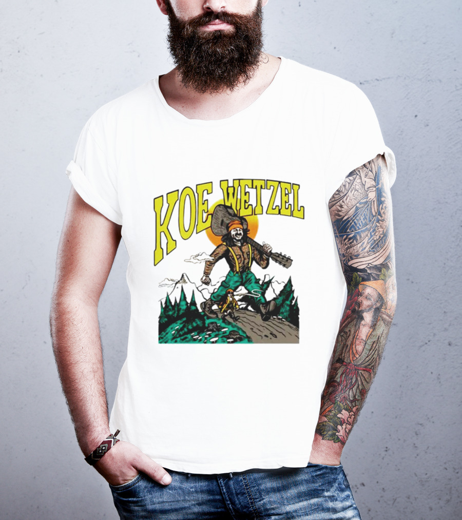 Koe Wetzel Koe Bunyan Lumberjack With Guitar And Dog In Mountain Scene T-Shirt