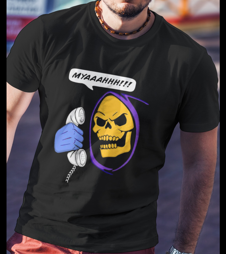 Skeletor Myahhh Phone Call Retro Villain Humor T-Shirt