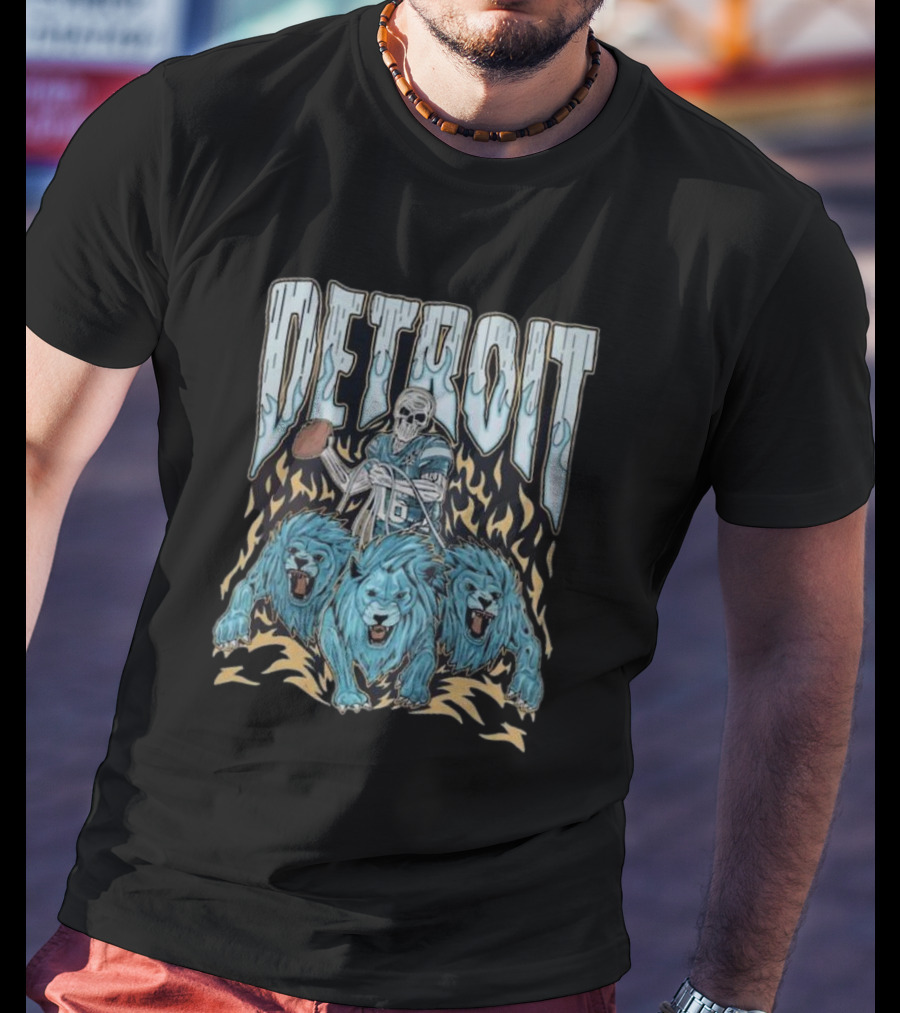 Detroit Skull Quarterback With Football And Blue Lions T-Shirt