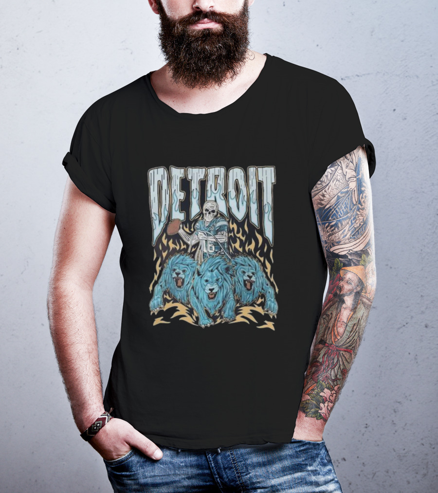 Detroit Skull Quarterback With Football And Blue Lions T-Shirt
