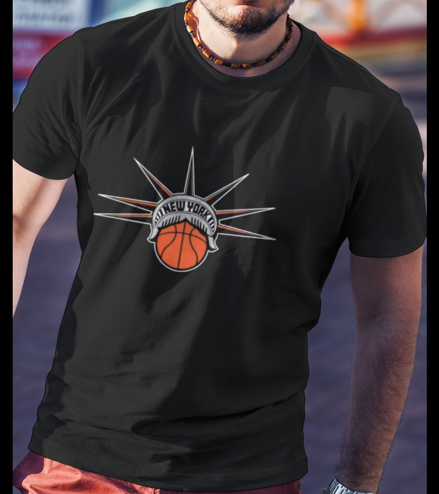 New York Basketball Liberty With Statue Spikes Ball Emblem T-Shirt