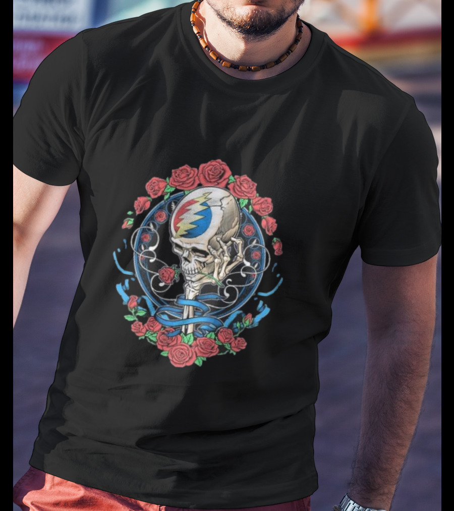 Original Grateful Dead Steal Your Face Nouveau Skull With Roses And Lightning Bolt Emblem T-Shirt
