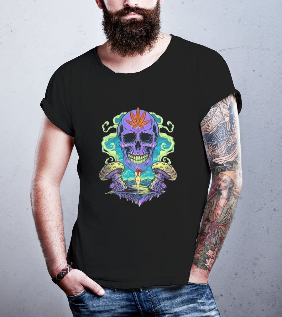 Ethereal Euphoria Psychedelic Skull And Mushrooms T-Shirt