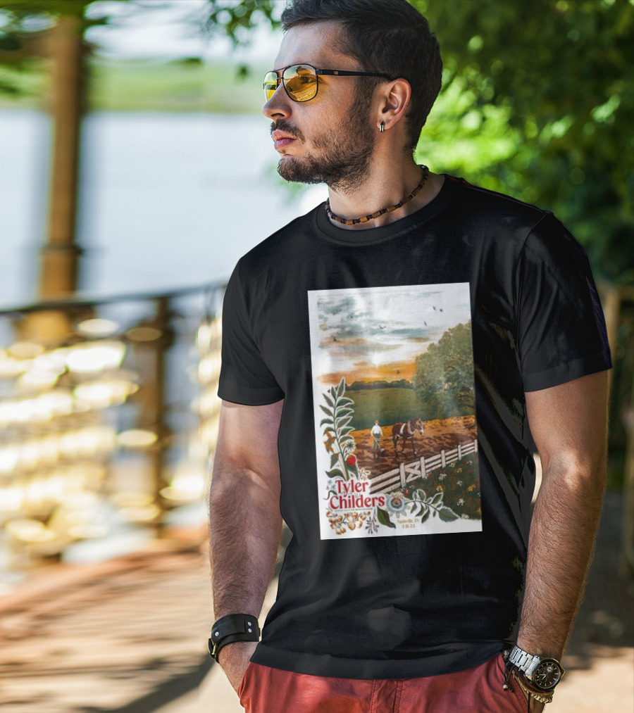 Tyler Childers Nashville TN 4 18 23 Horse Farm Scene With Flowers T-Shirt