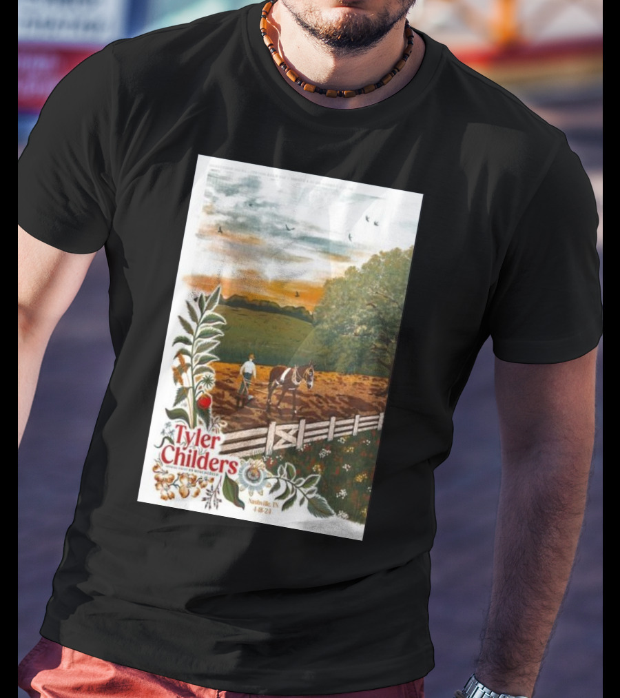 Tyler Childers Nashville TN 4 18 23 Horse Farm Scene With Flowers T-Shirt