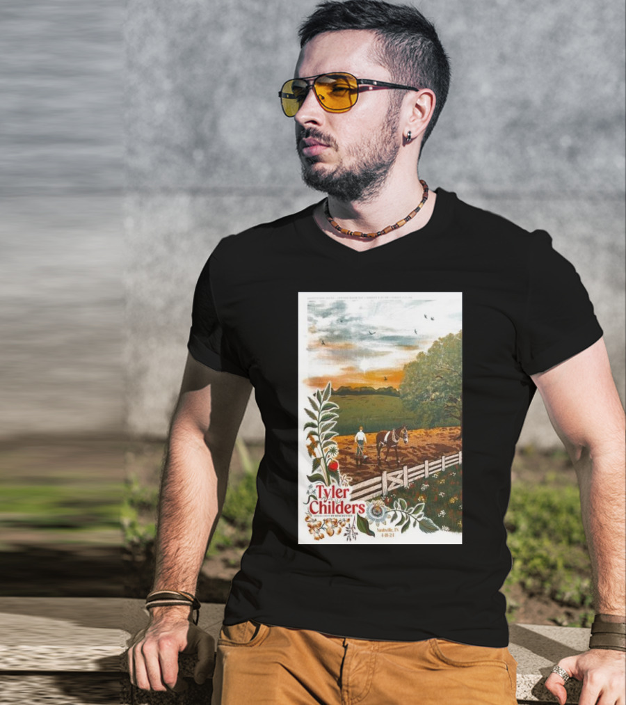 Tyler Childers Nashville TN 4 18 23 Horse Farm Scene With Flowers T-Shirt
