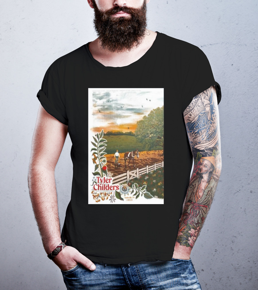 Tyler Childers Nashville TN 4 18 23 Horse Farm Scene With Flowers T-Shirt