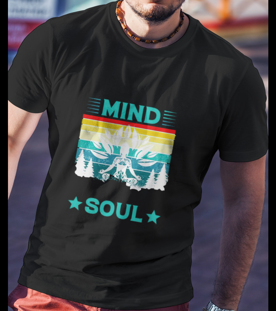 LOSE YOUR MIND FIND YOUR SOUL Yoga Meditation Retro Vintage Rainbow Pine Trees T-Shirt