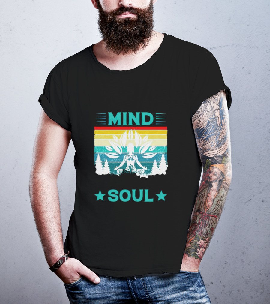 LOSE YOUR MIND FIND YOUR SOUL Yoga Meditation Retro Vintage Rainbow Pine Trees T-Shirt