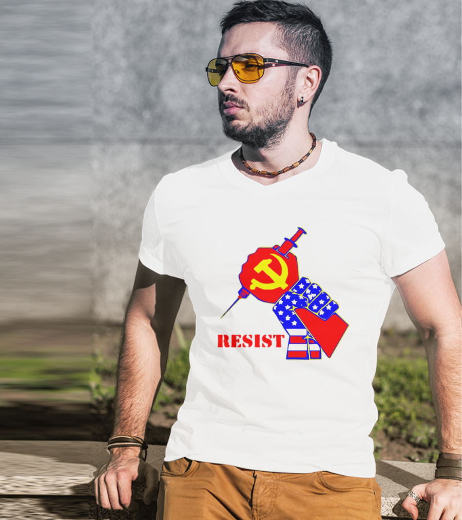 RESIST Communist Hammer And Sickle American Flag Fist Syringe T-Shirt