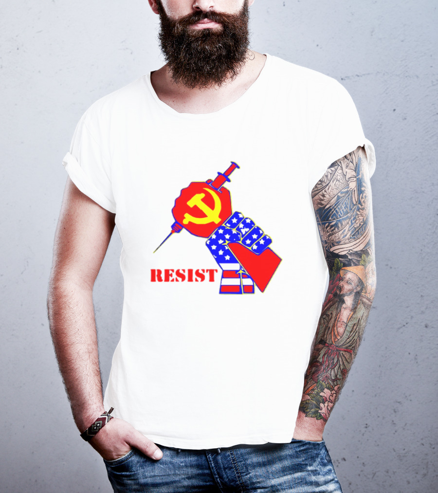 RESIST Communist Hammer And Sickle American Flag Fist Syringe T-Shirt