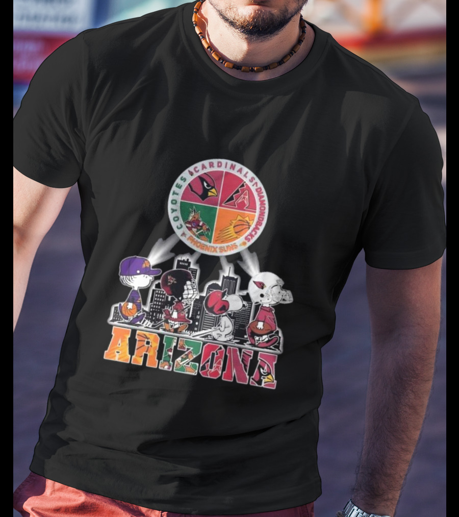 Snoopy Arizona Coyotes Cardinals Diamondbacks Phoenix Suns Peanuts Characters City Skyline T-Shirt