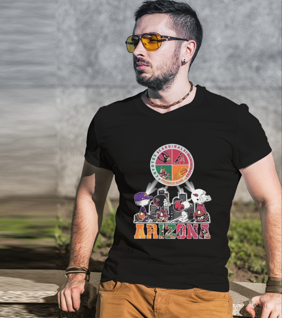 Snoopy Arizona Coyotes Cardinals Diamondbacks Phoenix Suns Peanuts Characters City Skyline T-Shirt