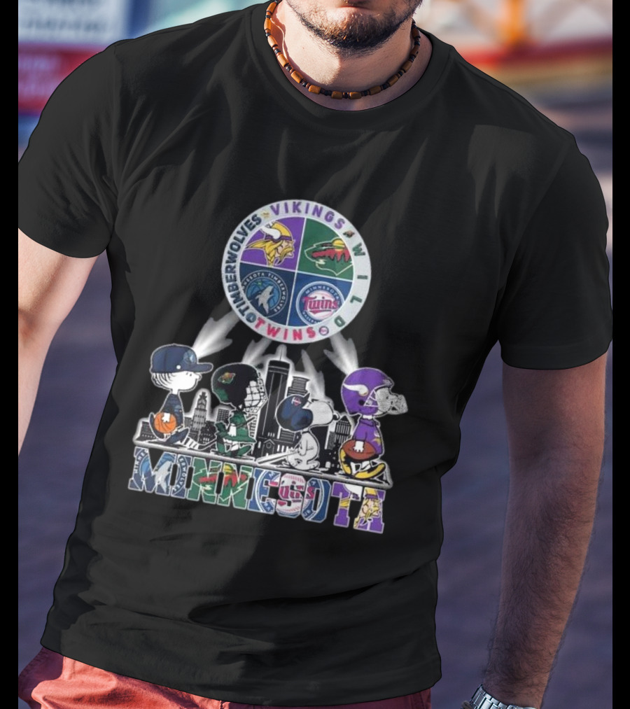 Snoopy Minnesota Vikings Timberwolves Wild Twins Cityscape T-Shirt