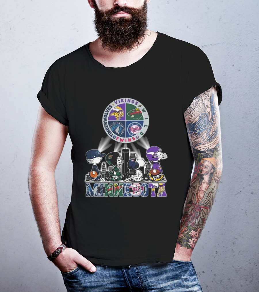 Snoopy Minnesota Twins Vikings Wild Timberwolves Peanuts Sports Logos Skyline T-Shirt
