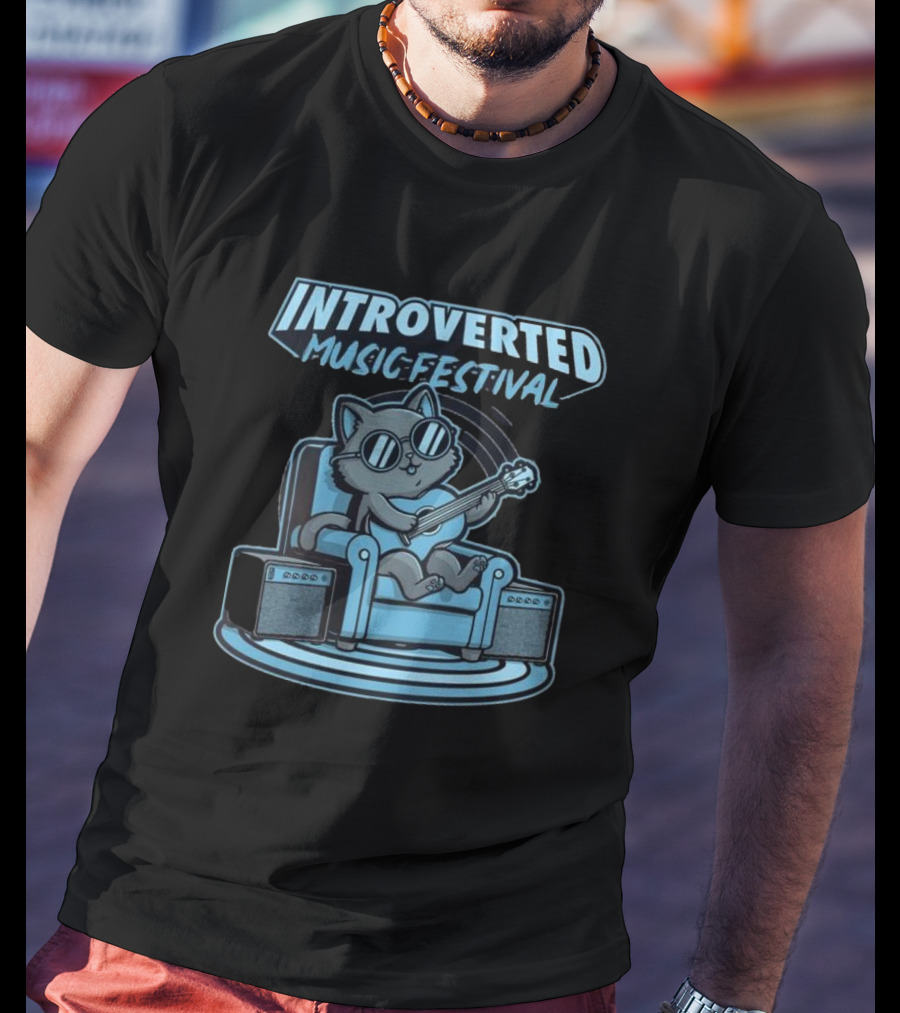 Introverted Music Festival Cat Playing Guitar On Couch With Amplifier T-Shirt