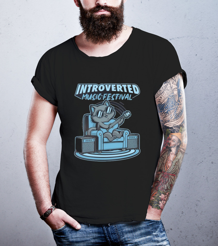 Introverted Music Festival Cat Playing Guitar On Couch With Amplifier T-Shirt