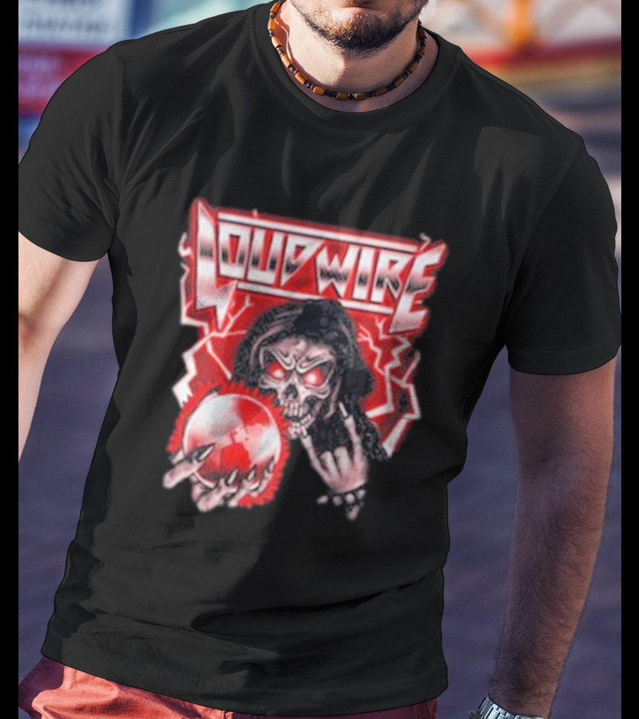 Loudwire 80s Metal Skull And Lightning Sphere Rock Hand T-Shirt