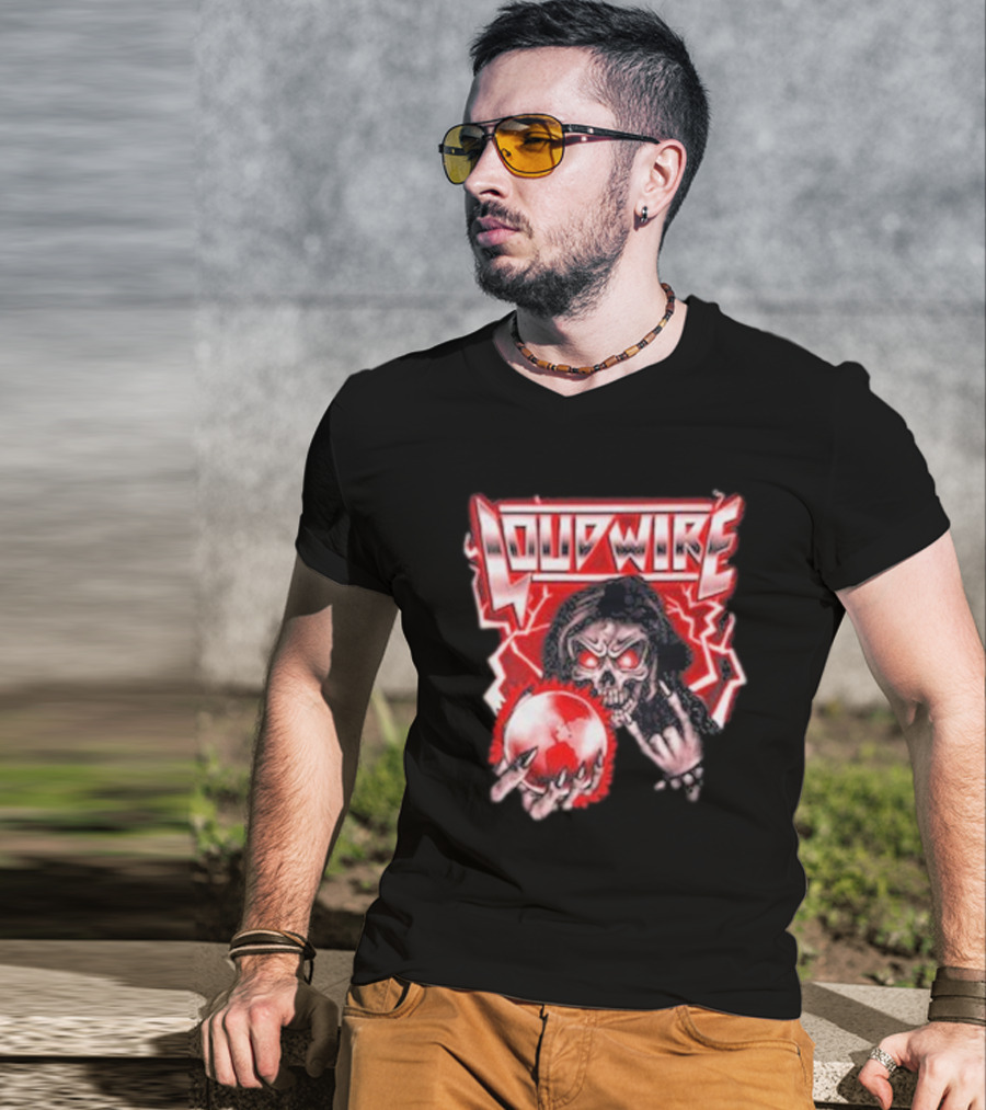 Loudwire 80s Metal Skull And Lightning Sphere Rock Hand T-Shirt