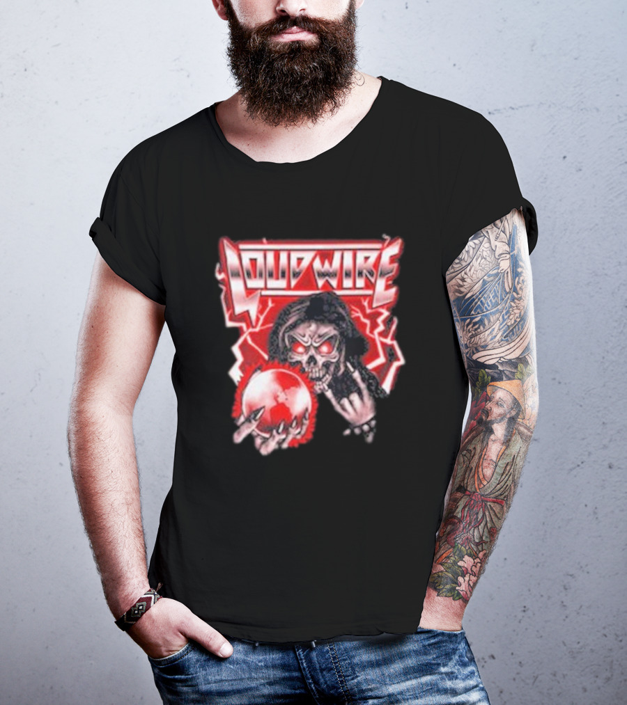Loudwire 80s Metal Skull And Lightning Sphere Rock Hand T-Shirt