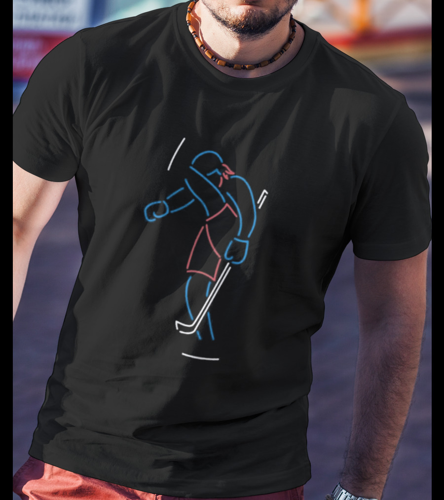Neon Hockey Player With Stick In Blue And Red Lines T-Shirt
