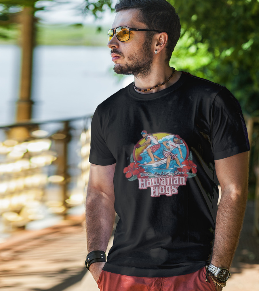 Wehiwa Aloy Nolan Souza Hawaiian Hogs Surfing With Hibiscus Flowers T-Shirt
