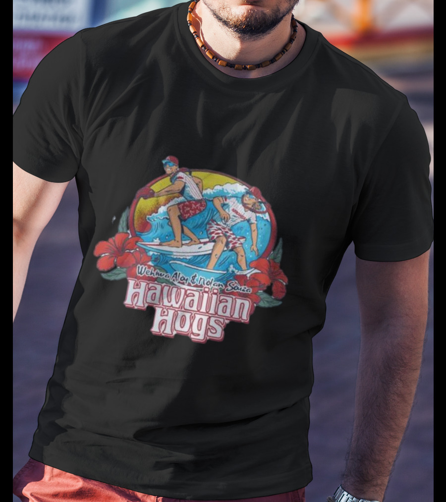 Wehiwa Aloy Nolan Souza Hawaiian Hogs Surfing With Hibiscus Flowers T-Shirt