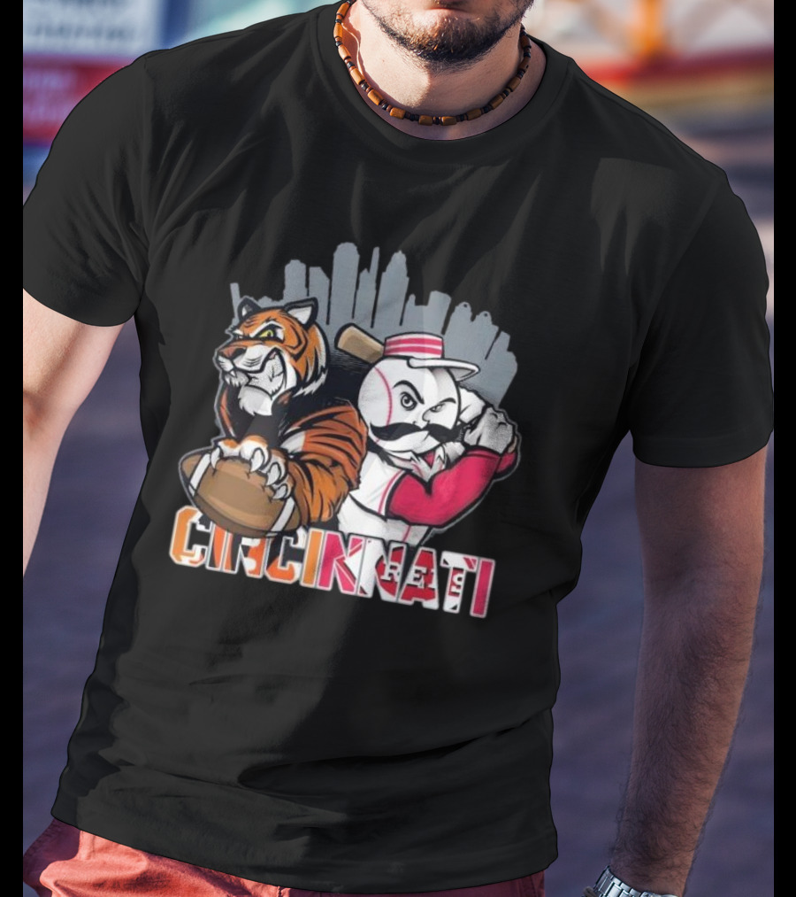 Cincinnati Bengals Tiger With Football And Mr. Redlegs Baseball Skyline T-Shirt