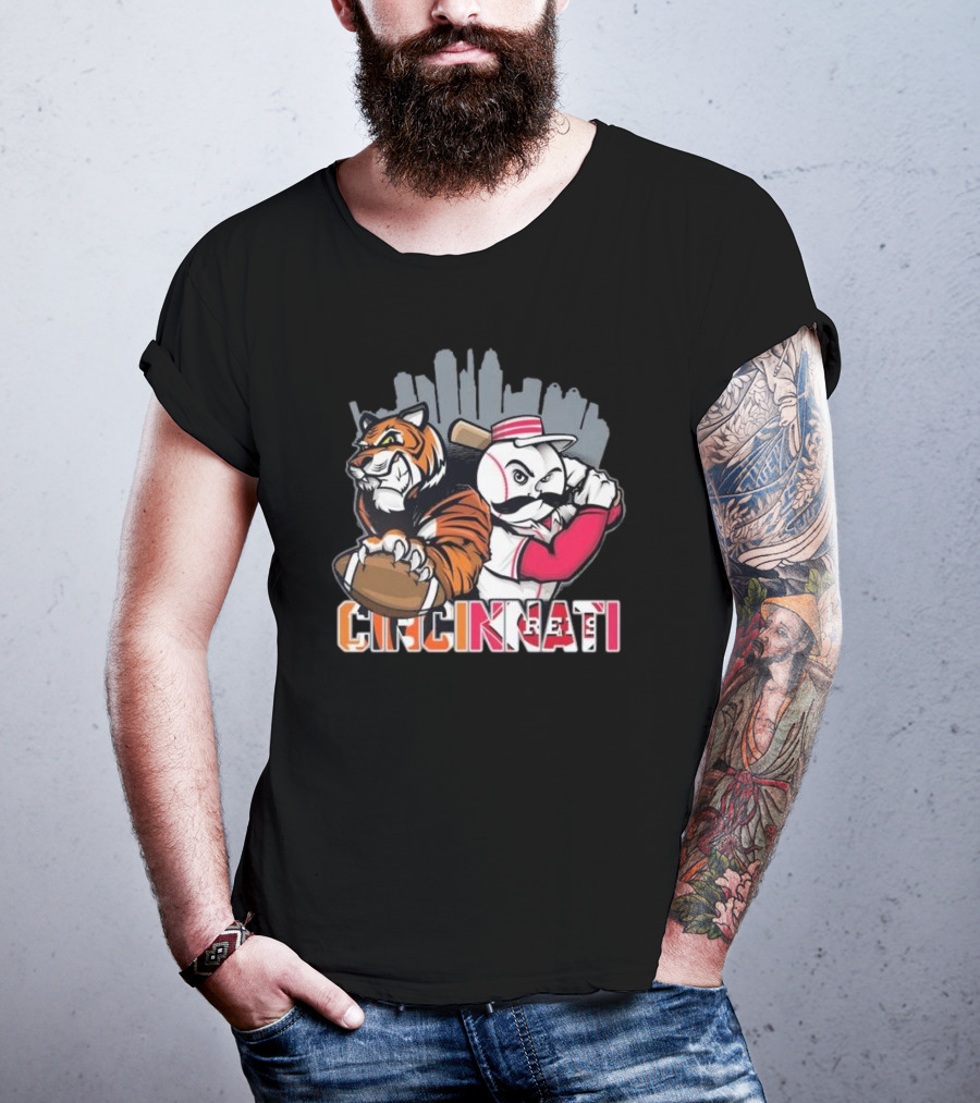 Cincinnati Bengals Tiger With Football And Mr. Redlegs Baseball Skyline T-Shirt
