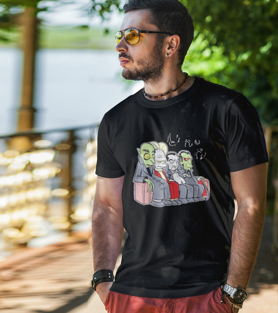 Various Versions Of Dracula Characters Sitting Together On A Couch T-Shirt
