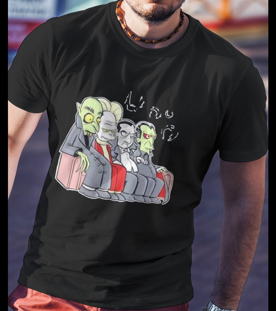 Various Versions Of Dracula Characters Sitting Together On A Couch T-Shirt
