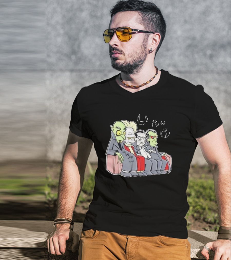 Various Versions Of Dracula Characters Sitting Together On A Couch T-Shirt