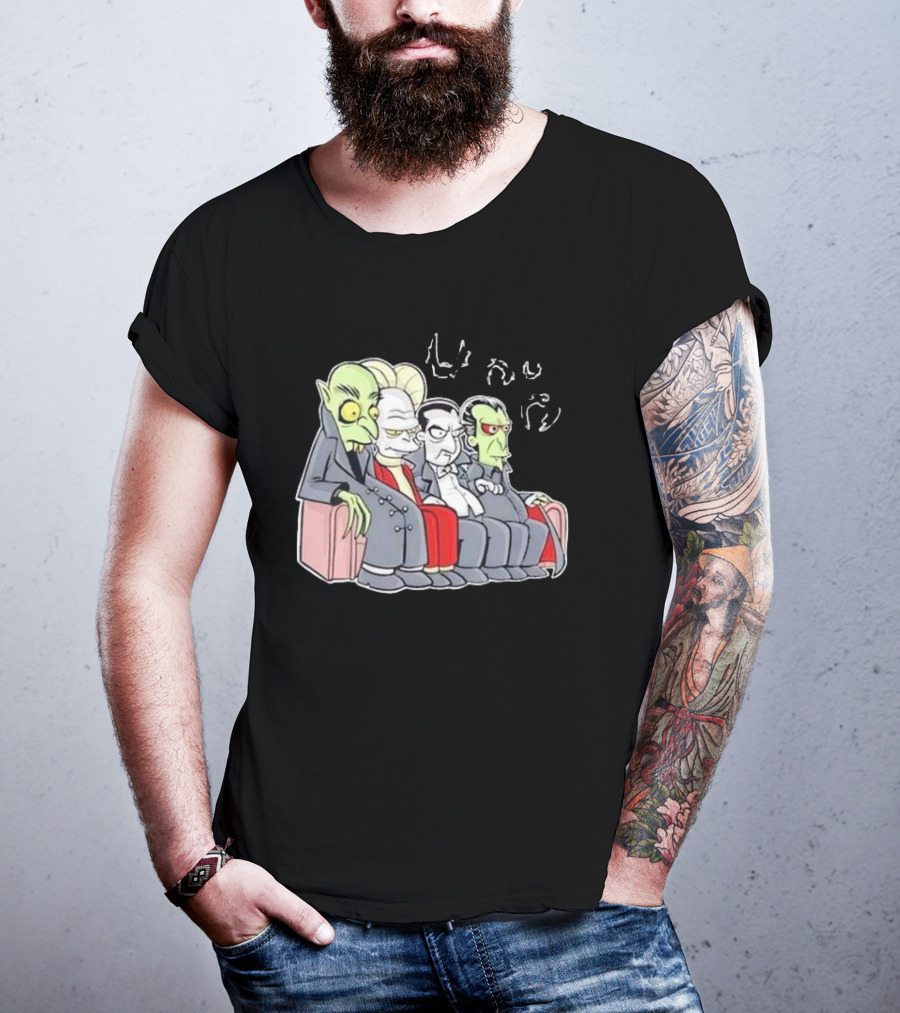 Various Versions Of Dracula Characters Sitting Together On A Couch T-Shirt