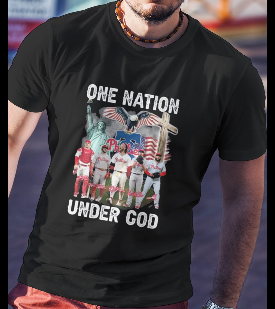 Philadelphia Phillies One Nation Under God Flag Statue Cross Signatures T-Shirt