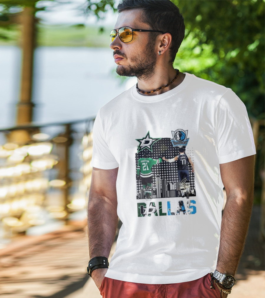 Dallas Stars Mavericks Robertson Doncic Skyline Signatures T-Shirt