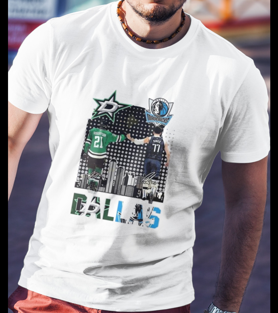 Dallas Stars Mavericks Robertson Doncic Skyline Signatures T-Shirt