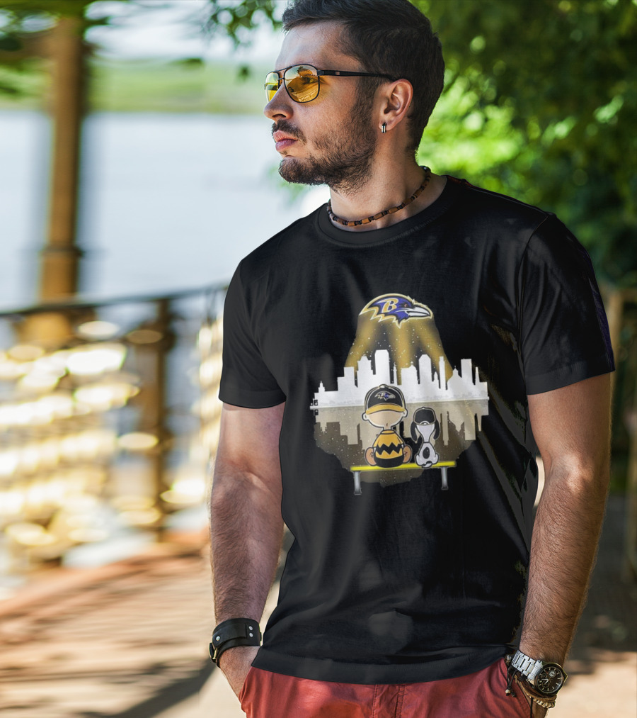 Charlie Brown Snoopy Baltimore Ravens City Skyline T-Shirt