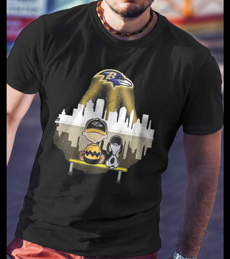Charlie Brown Snoopy Baltimore Ravens City Skyline T-Shirt