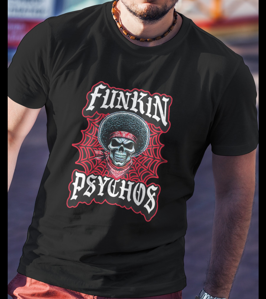 Funkin Psychos Afro Skull Red Bandana Web T-Shirt