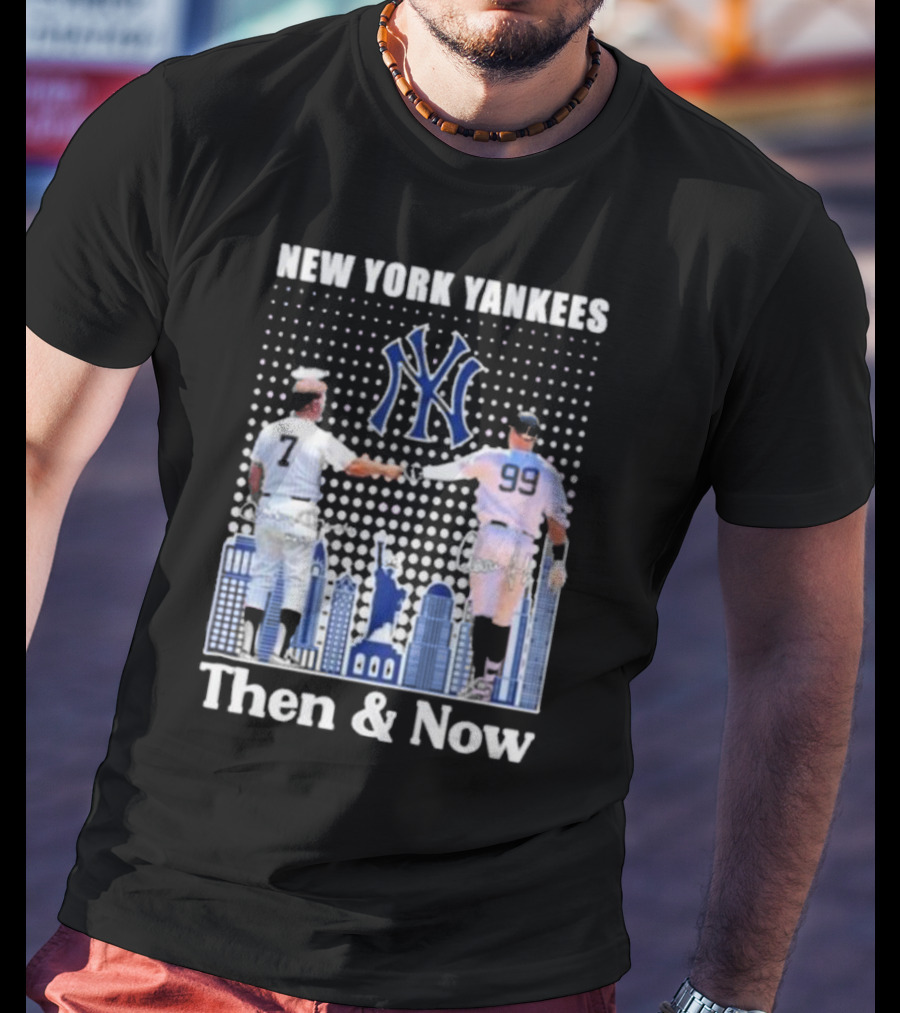 New York Yankees Then And Now Mickey Mantle 7 Aaron Judge 99 Signatures T-Shirt