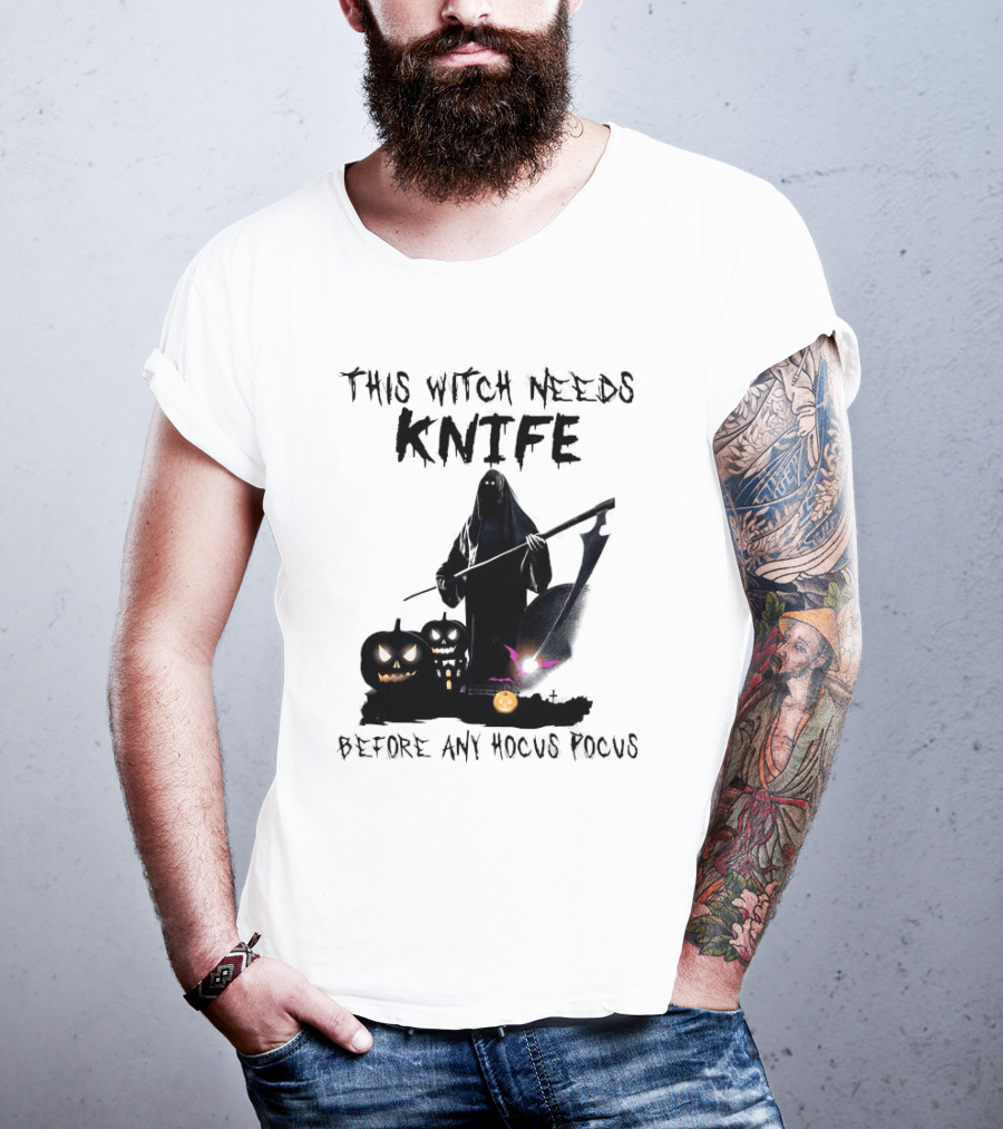 This Witch Needs Knife Before Any Hocus Pocus Halloween Pumpkins Dark Scene T-Shirt