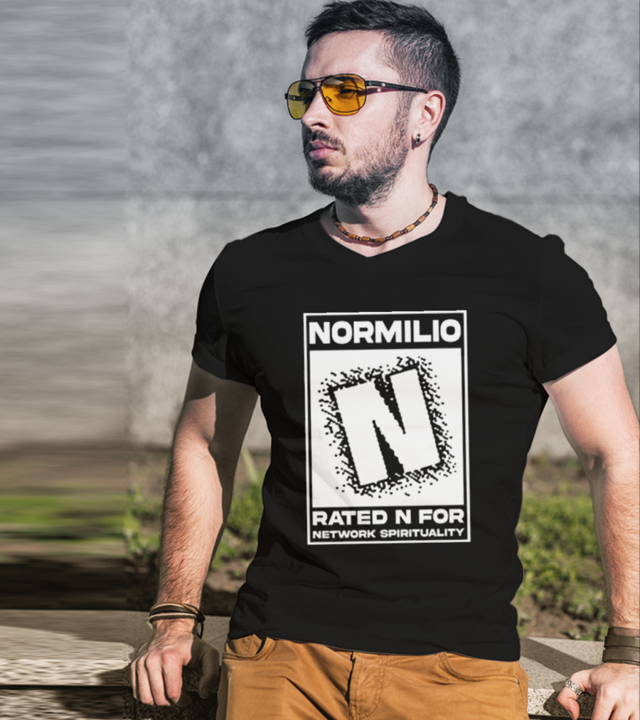 Normilio Rated N For Network Spirituality Bold Text Box With Speckled Explosion Background T-Shirt