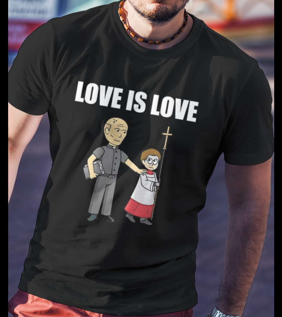 Love Is Love Priest With Cartoon Clergyman And Child Holding Cross T-Shirt